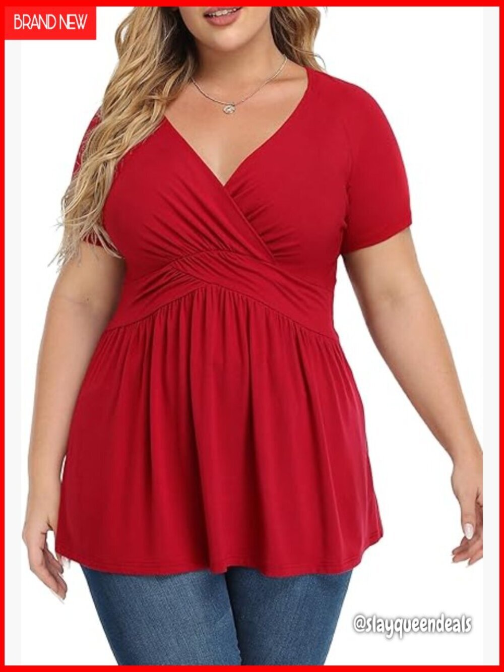 Plus Size V-Neck Tunic Top Short Sleeve Wrap Blouse Rayon Blend